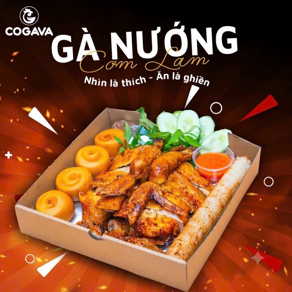 Hộp gà nướng COGAVA chặt sẵn, kèm bánh bao, cơm lam, dưa leo và sốt chấm. Gà nướng cơm lam, nhìn là thích, ăn là ghiền